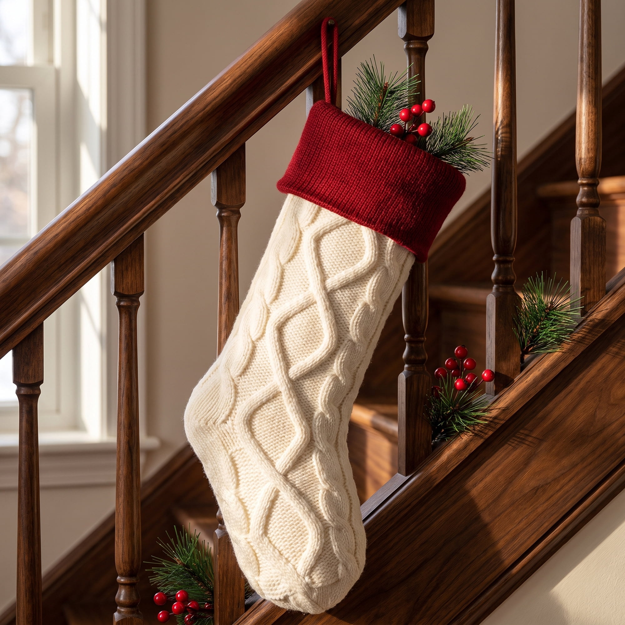 Unique Bargains Luxurious Cable-Knit Christmas Stocking White Red 18"