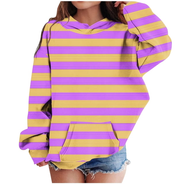 HAiming Sweat à Capuche pour Filles Manches Longues Col Rond Pull Rayé Chandails en Molleton Automne Hiver 2025 Blouse Décontractée avec Poches