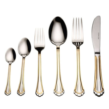 

Venezia Collection 75-Piece Fine Flatware Set Silverware Cutlery Dining Service for 12 Premium 18/10 Surgical Stainless Steel 24K Gold-Plated Hostess Serving Set (Grand)
