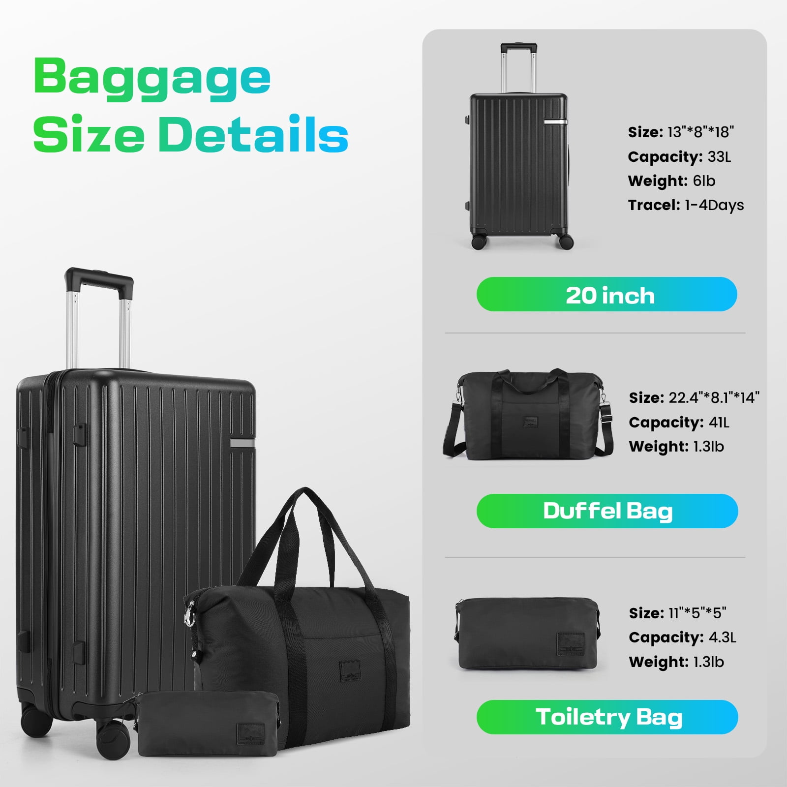 HOTEEL 3 Piece Carry on Luggage Set with Backpack & Toiletry Bag,PC+ABS Durable Suitcase with Built-in TSA Lock&Spinner Wheels for Business Travel Vacation