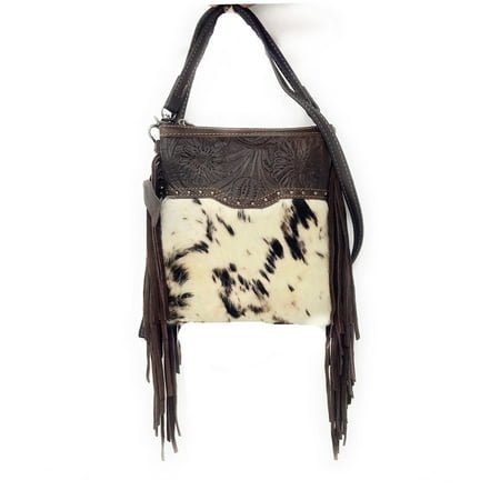 Western Tooled Leather Purse - Western Genuine Leather Cowhide Fur Fringe Floral Tooled Womens Crossbody Bag