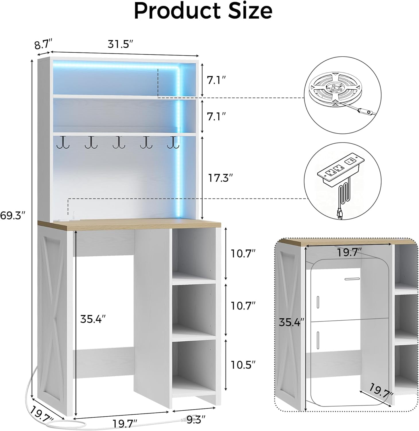 Bakers Rack with Mini Fridge Space, 69.3" Tall Microwave Stand with Power Outlets & LED Lights, 7-Tier Coffee Bar Station with 5 Hooks for for Dining Room, Living Room, White