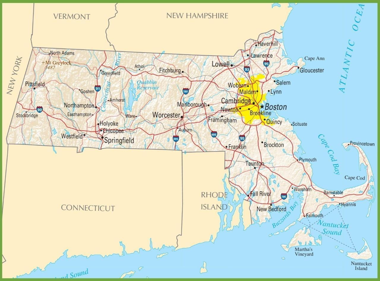 Massachusetts State Road Map City Boston 12 Inch By 18 Inch Laminated