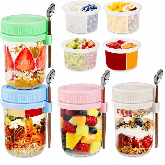 Overnight Oats Containers with Lids Separate Compartments, Airtight Leakproof Glass Yogurt Containers with Spoons, 14.2oz Glass Mason Jars, 4 Pack for Oatmeal Chia Pudding Cereal Salad