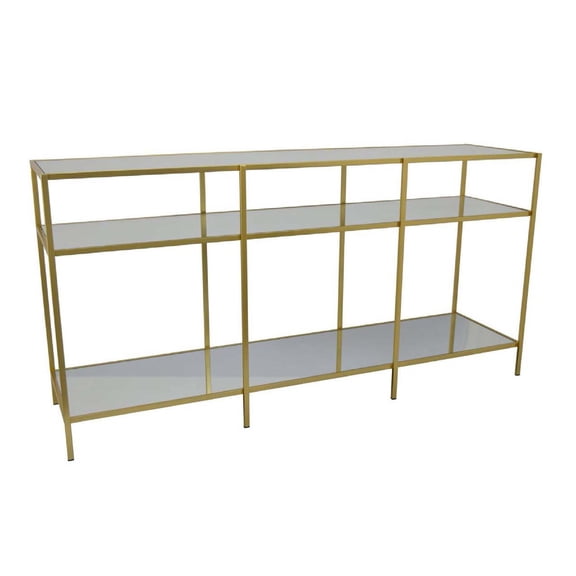 Benjara Woly Plant Stand Rack- 2 Glass Shelves- 59" Industrial Gold Metal