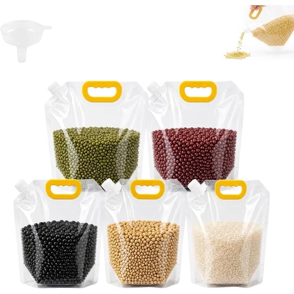 5 PCS Airtight Grain Storage Bags with Handle, Reusable Stand-Up Cereal Pouches for Rice and Beans, Clear Moisture-Resistant Pantry Food Organizers with Funnel, (10KG)