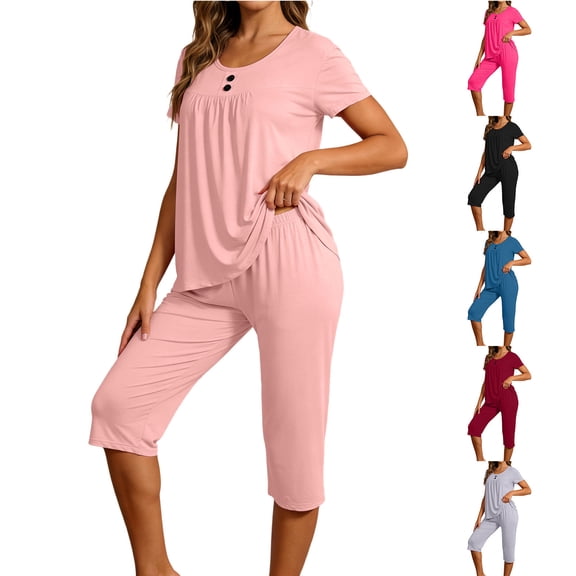 AHTJRT Women's Plus Size Summer Outfits Short Sleeve Crew Neck Tops Elastic Waist Capri Pants Casual Two Piece Sets Pink L