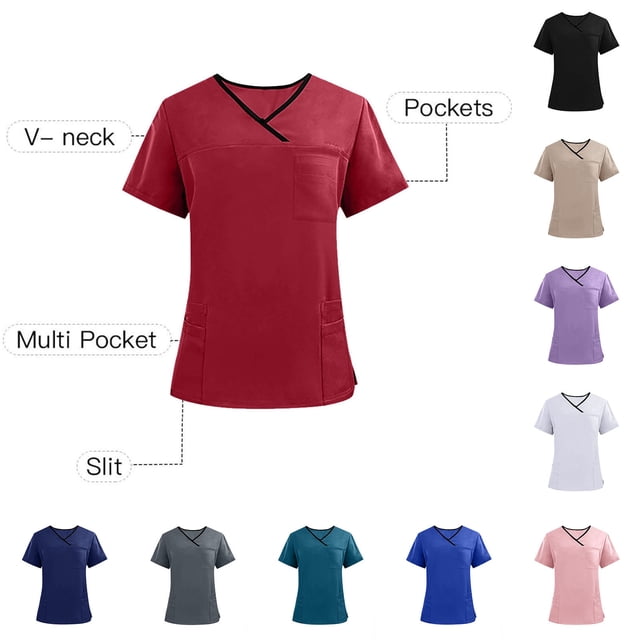 JDQJBZ Unisex Solid Color V Neck Pocket Work Uniform Top Short Sleeve Shirt