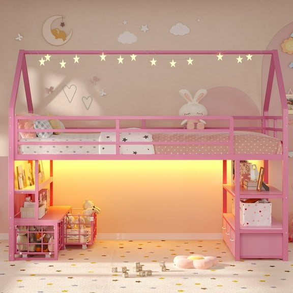 Low Loft Bed Twin Size with 5 Storage Drawers, LED Lights, Open Storage Shelves, Twin Metal House Loft Bed with Bookcase & Guardrail & Under-Bed Space,Pink