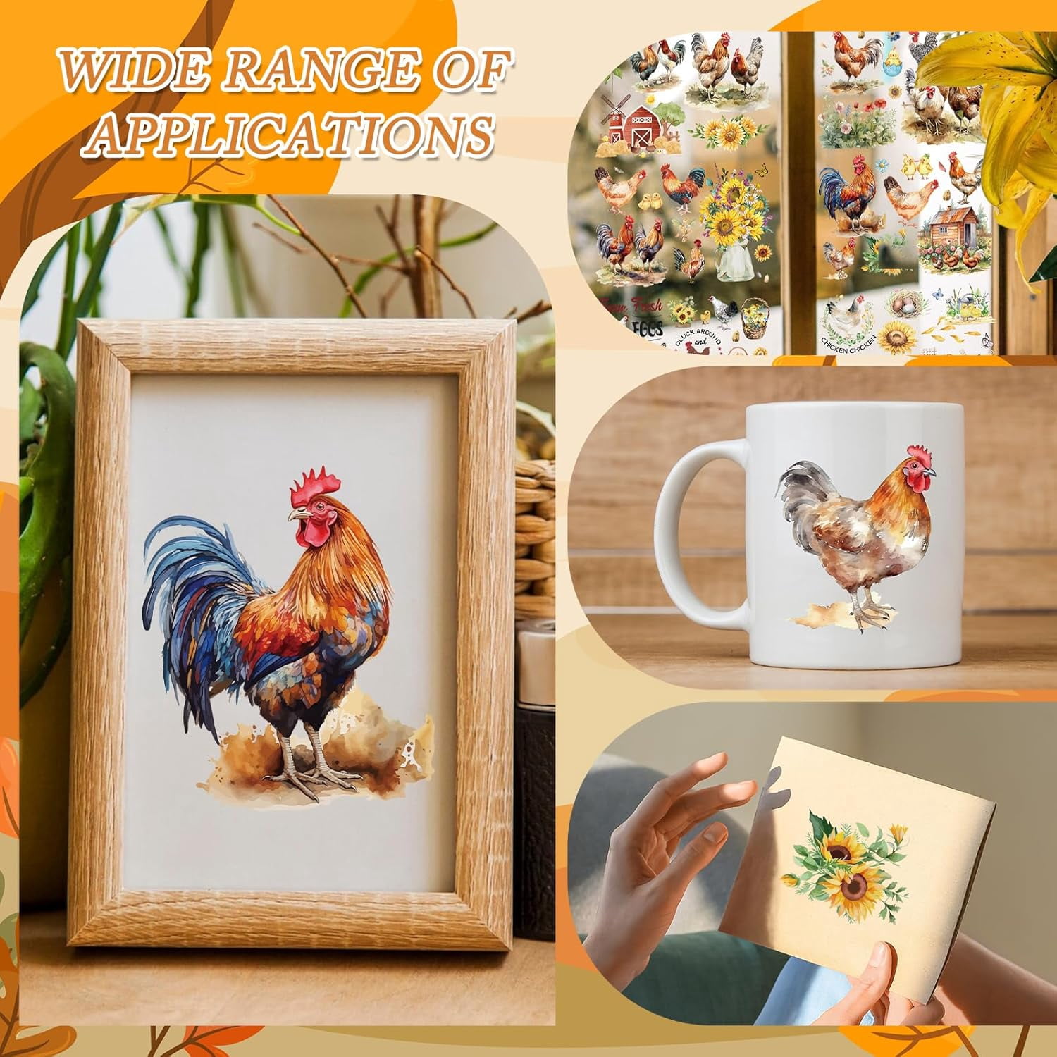 Chicken Rub on Transfers for Crafts - 6 Sheets Farm Rub on Transfer Stickers for Furniture Sunflower Rub on Transfers for Wood Glass Scrapbook DIY Home Decor 11.8x7.9 Inch