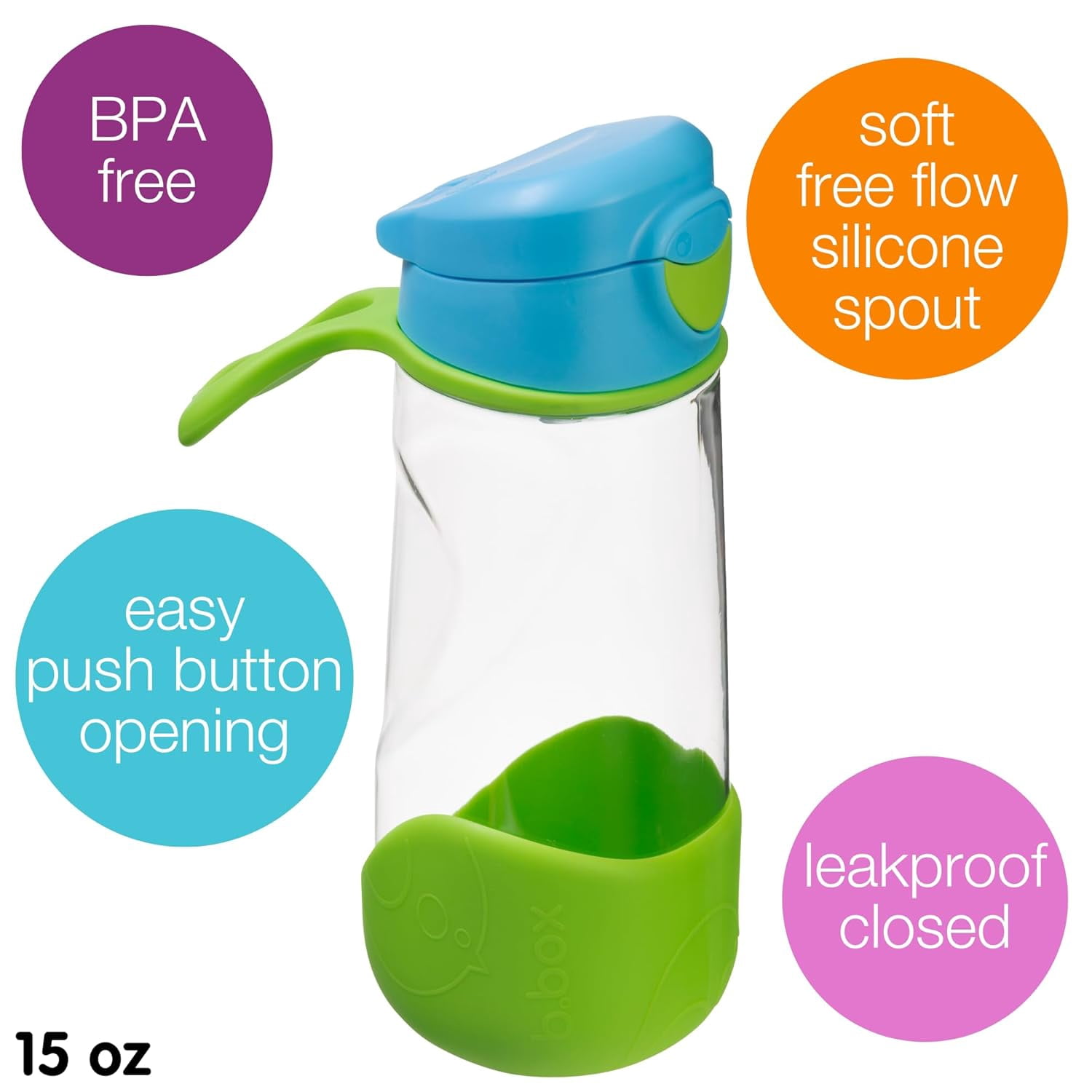b.box 15 oz Sport Spout Kids Water Bottle for School, Sports, Travel, Daycare. Leakproof, Spill Proof, Dishwasher Safe. Easy Grip Triangle Shape, Durable Tritan Material. BPA Free. Ocean Breeze