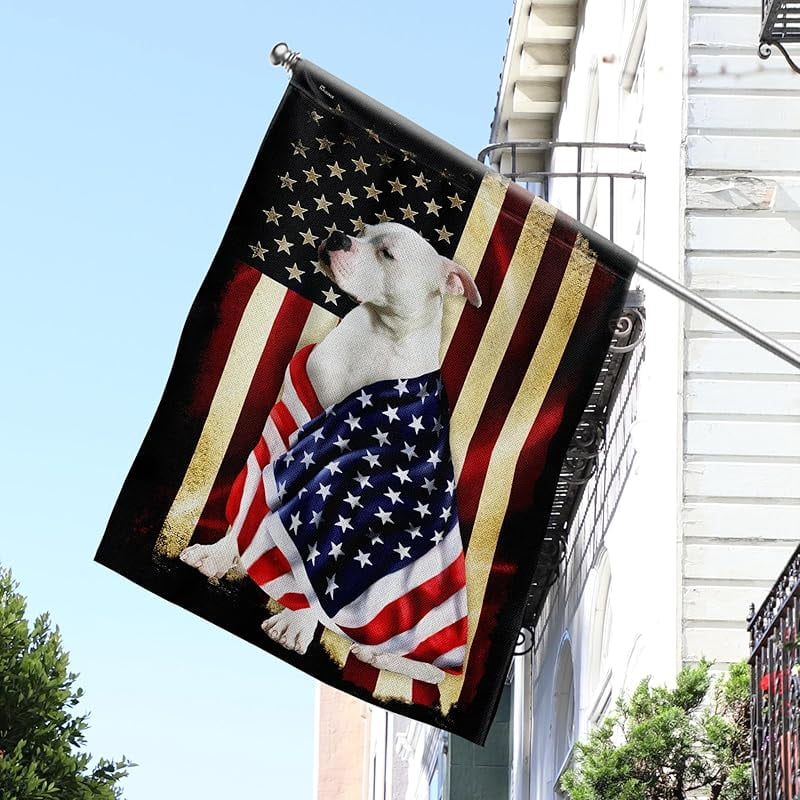American Bulldog House Flags, Dog Decor Flag - 4th of July Decorations for Home, Yard Decor, House Flag Patriotic Dog Decor, Double Sided, Heavy Duty Canvas Flag Indoor Outdoor