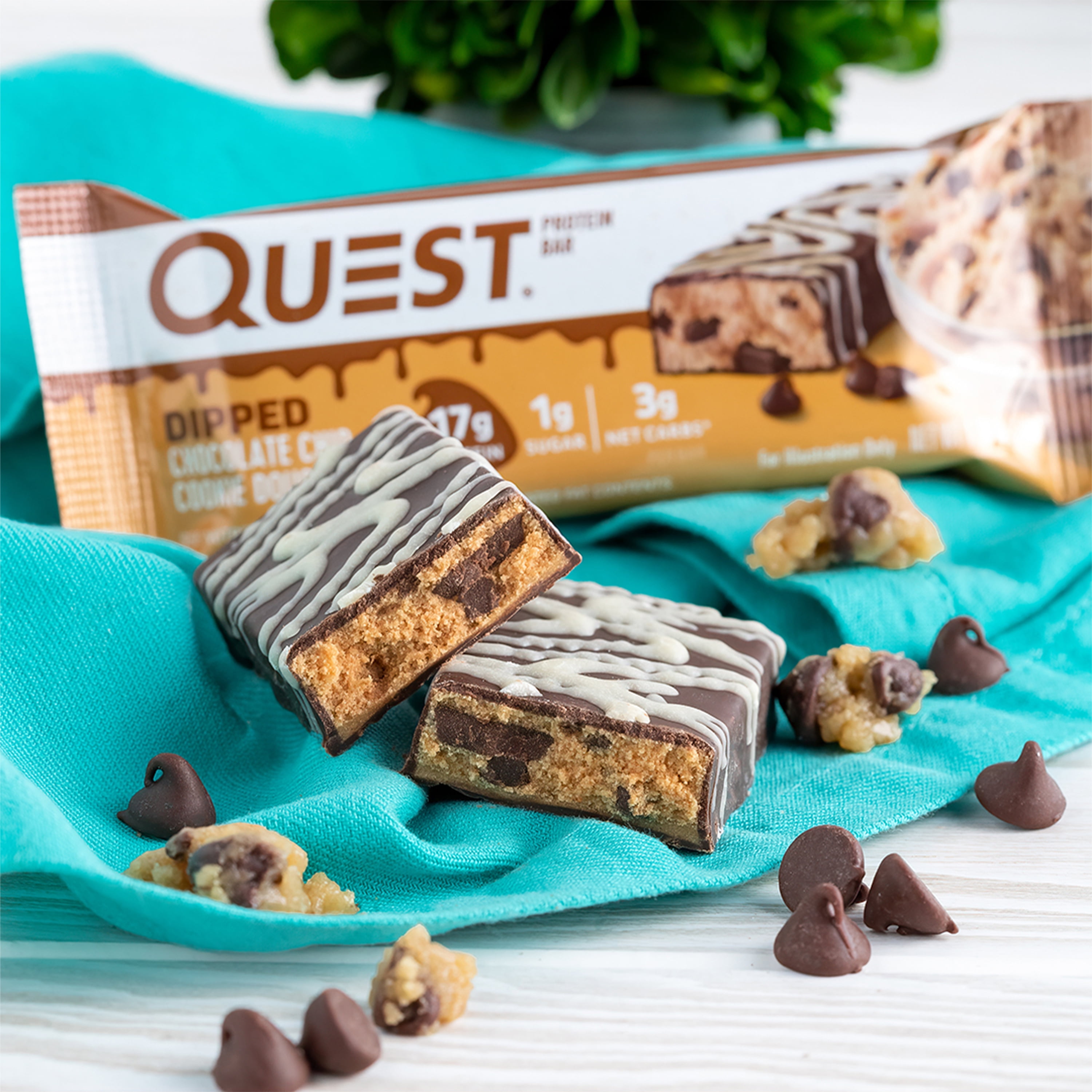 Quest Dipped Protein Bar, Chocolate Chip Cookie Dough, 18g Protein, Gluten Free, 12 Count