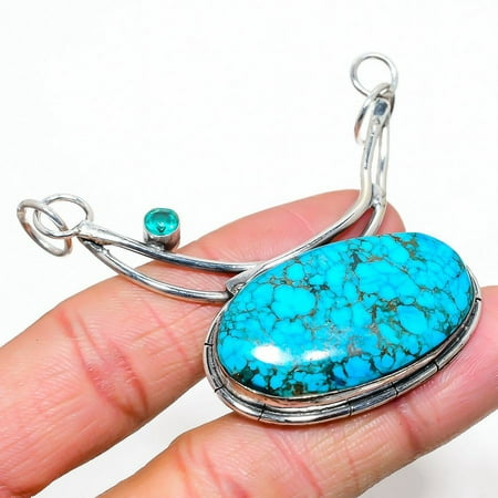 Tibetan Turquoise, Tourmaline Gemstone 925 Sterling Silver Jewelry Pendant 2.56"