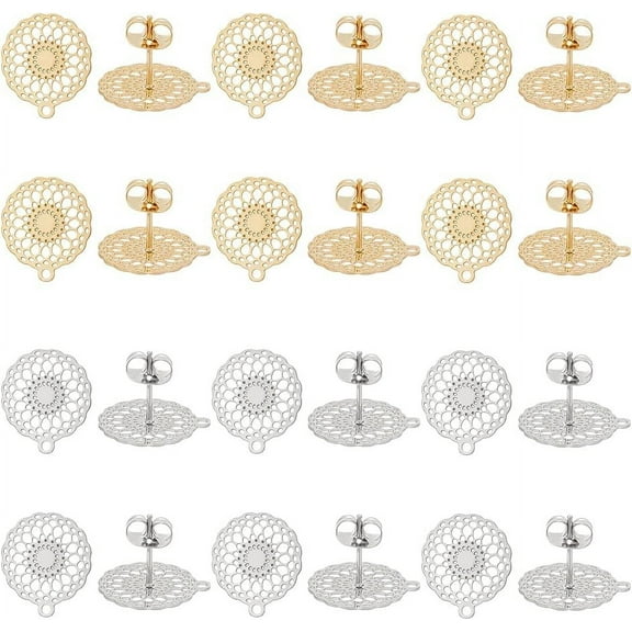 24pcs 2 Colors Bohemia Stud Earring Stainless Steel Earrings Post with Horizontal Loops 16x14.5mm Hypoallergenic Flower Stud Earring Findings for Jewelry Making