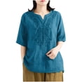 thumbnail image 2 of Babysbule Womens Fashion Cotton Tops Embroidered Solid Summer Causal V-Neck Button Short Sleeve Womens Tops, 2 of 5