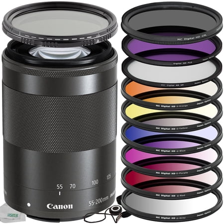 Canon EF-M 55-200mm f/4.5-6.3 IS STM Lens (Black) with 12PC Accessory Bundle - Includes: 3PC Multi-Coated Filter Set (UV  CPL  FLD) + 6PC Gradual Filter Set + Variable Neutral Density Filter + MORE