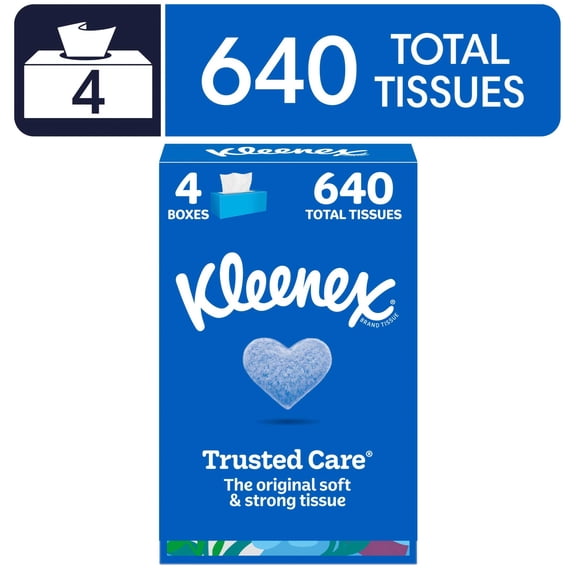 Kleenex Trusted Care 2-Ply Flat Box Facial Tissues, 4 Pack (640 Total Tissues)