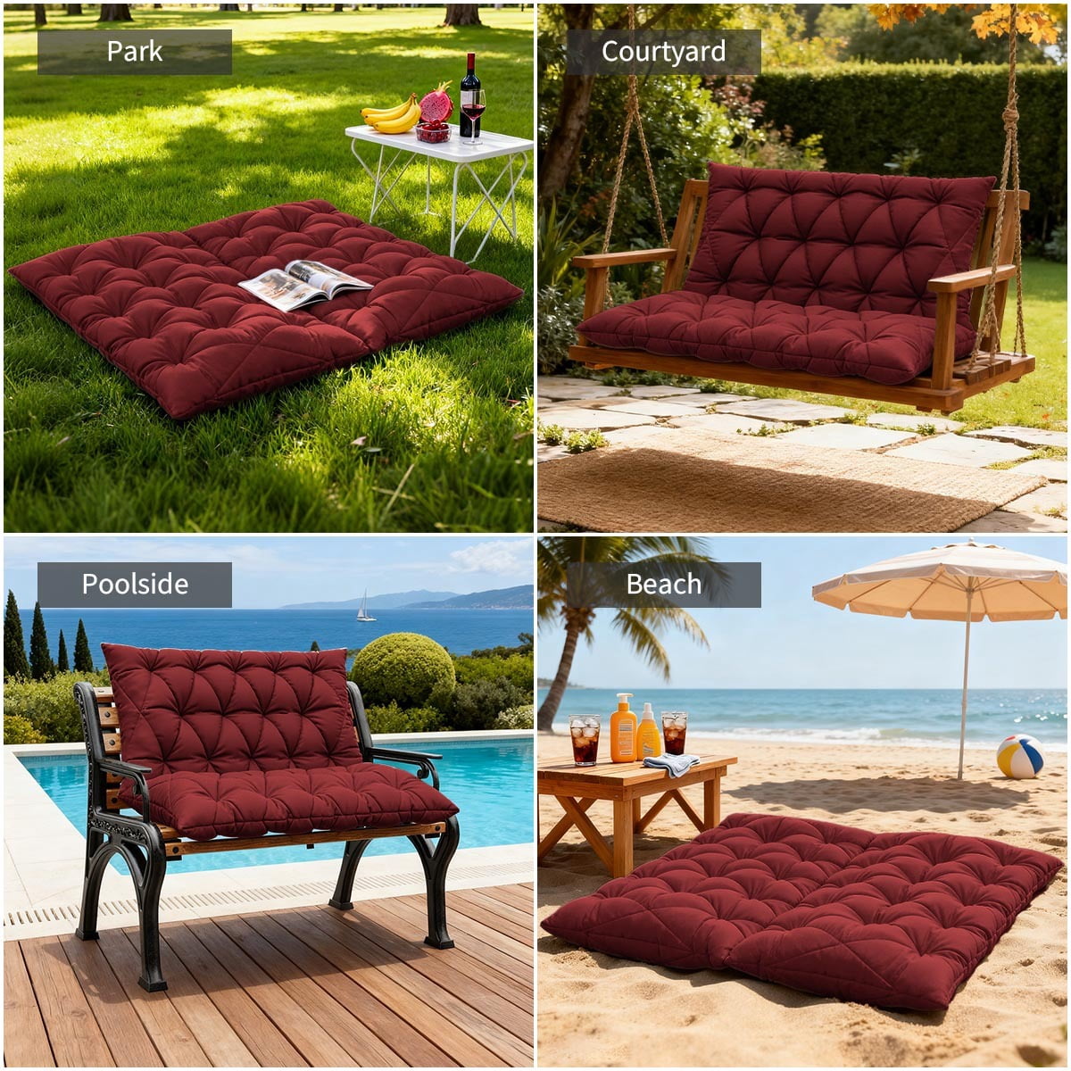 Pakunoda Porch Swing Cushions 40” X 40” X 5”, 2-3 Seater Bench Cushion with Backrest, Waterproof Replacement Outdoor Cushion with Tie, Burgundy
