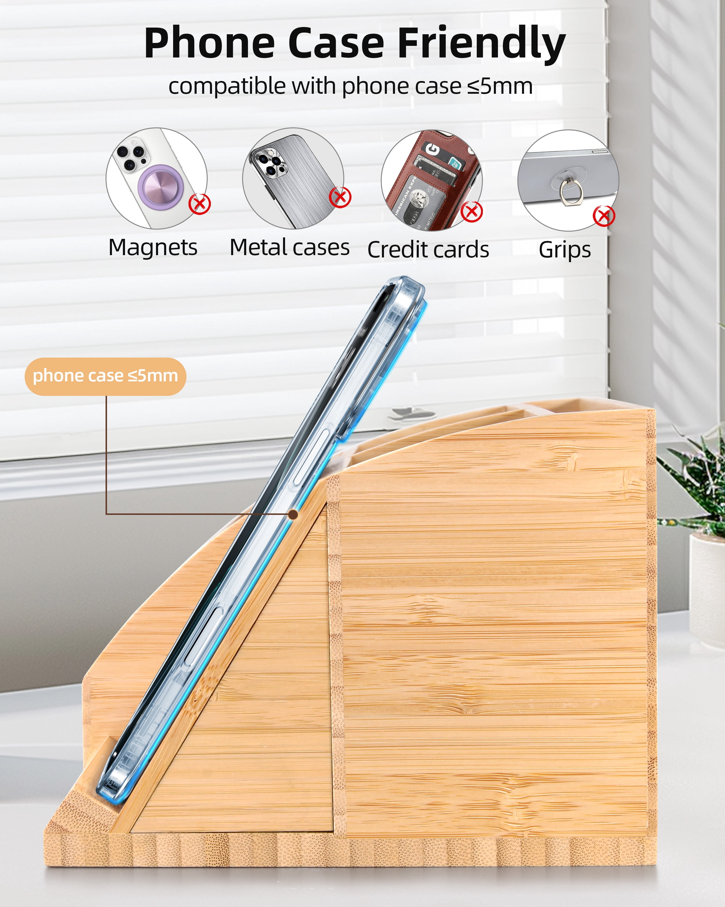 Investme Desk Organizer with Wireless Charging, Bamboo Pencil Holder with 15W Fast Wireless Charger Compatible with iPhone and Samsung for Desk & Nightstand