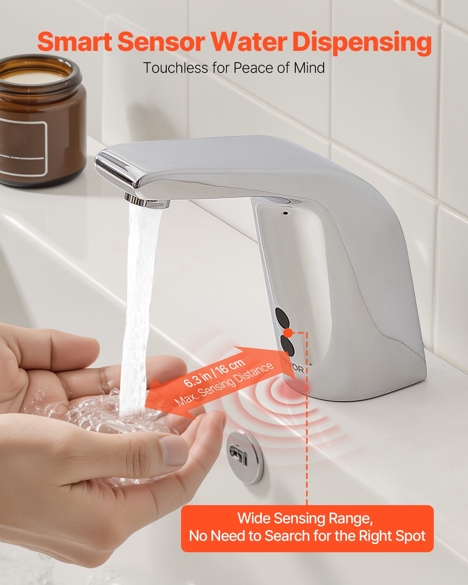 VEVOR Touchless Bathroom Sink Faucet, Automatic Motion Sensor Restroom Toilet Faucet Cold Water with Single Hole, Battery Operated for 9/16 in Pipe Commercial Lavatory,Chrome Plated Silver