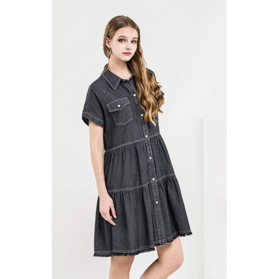 Button Down Tiered Babydoll Denim Shirt Dress