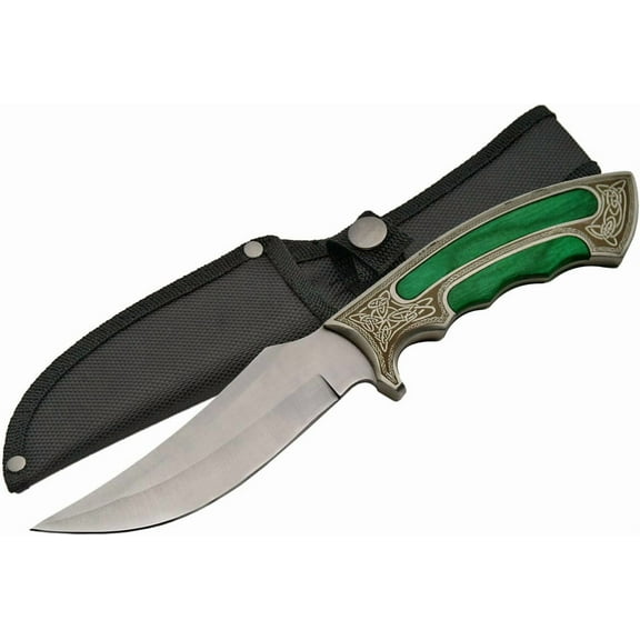 SZCO Supplies 10-Inch Fixed Blade Outdoor Utility Knife with Stainless Steel Blade, Green Pakkawood Handle, and Nylon Sheath – Full Tang Camping Knife for Everyday Use