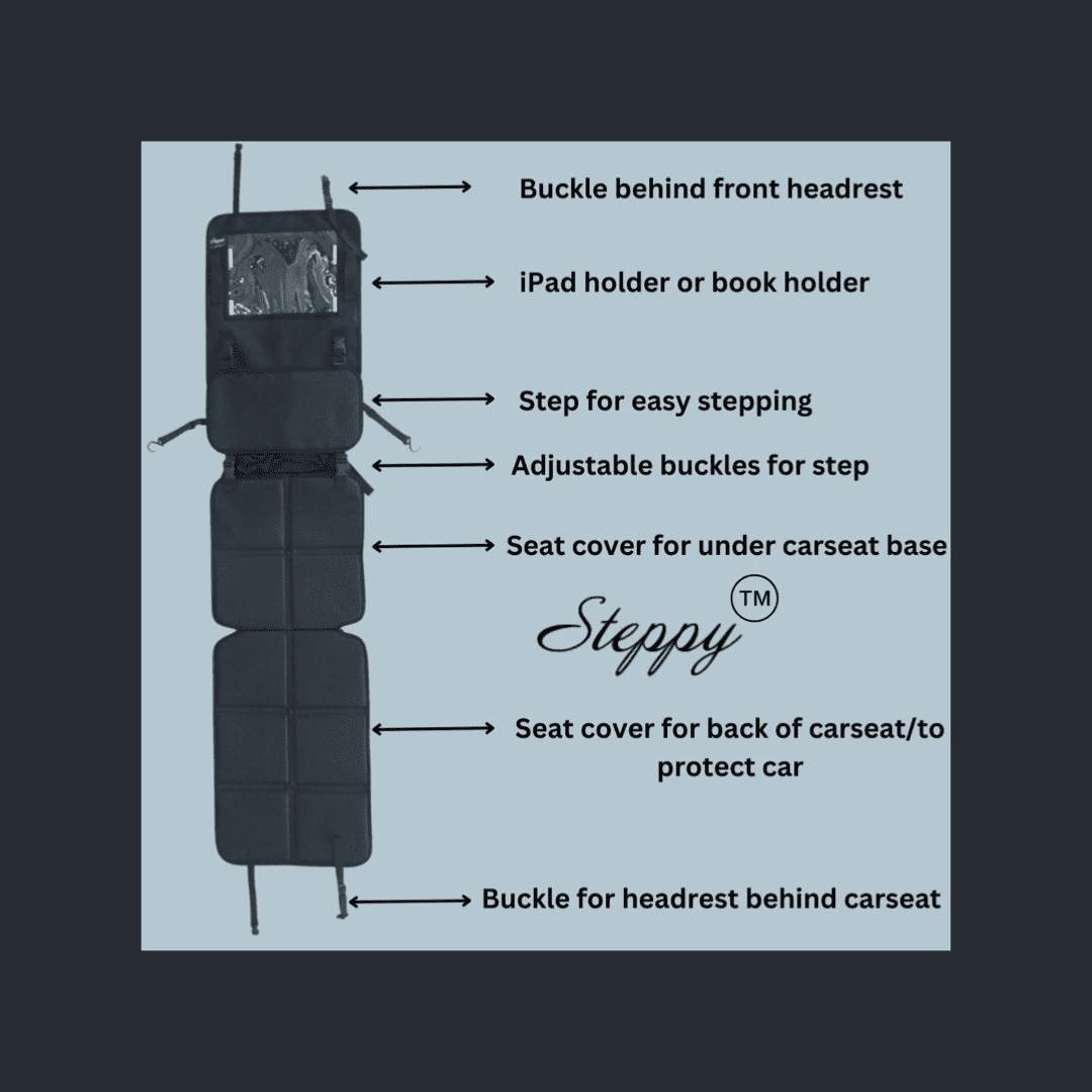 Steppy, car seat step for kids ages 2-7 years old, holds up to 60 lbs, foot rest, protector mat, oxford material, tablet holder