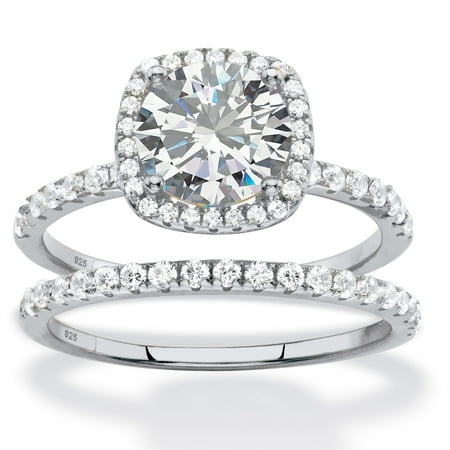 - 2.65 TCW Round White Cubic Zirconia 2-Piece Halo Bridal Wedding Ring Set in Platinum over Sterling Silver