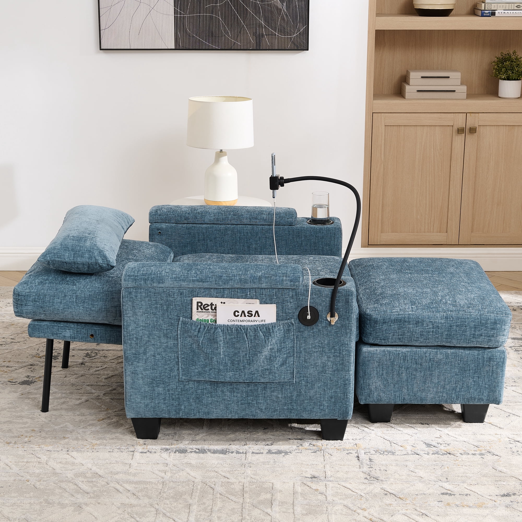 Recliner Chair with Adjustable Backrest, Cup Holders, USB Charging Port, Phone Stand, Arm Storage and Storage Ottoman