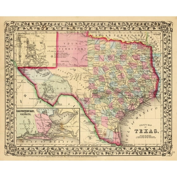 Historic State Map - Texas - Mitchell 1870 - Vintage Wall Art