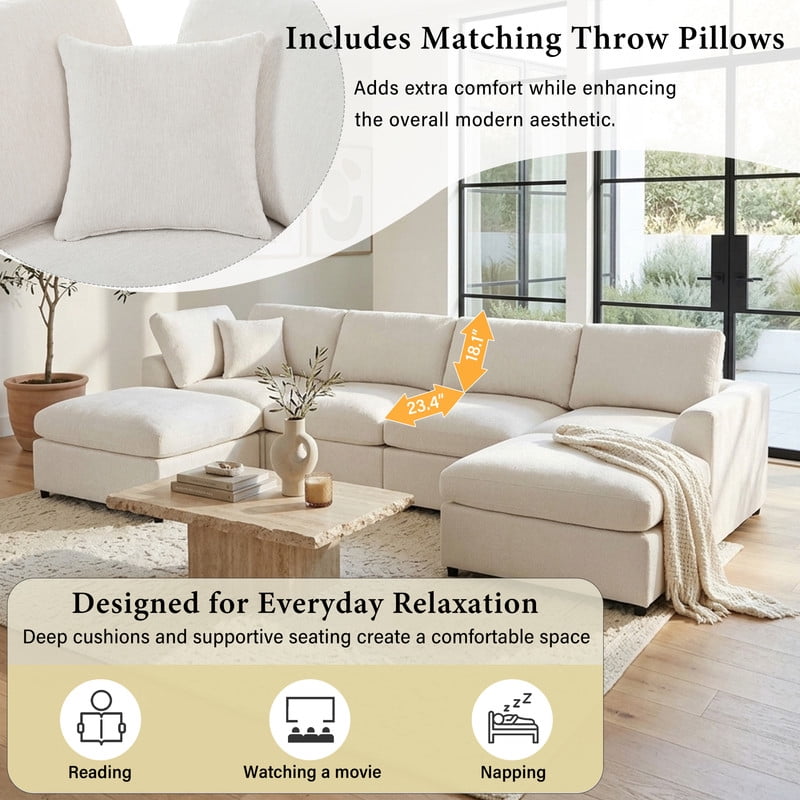 L-Shaped Modular Sectional Sofa, 4-Seater Chenille Couch with Movable Ottoman, Deep Seat Modern Sofa with Solid Wood Frame, 1 Throw Pillow for Living Room & Apartment