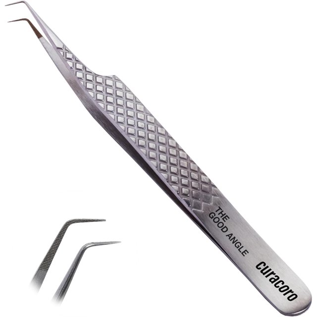 Curacoro Pince à Cils - Pince à Cils Professionnelle et de Précision à Pointe en Fibre pour Extensions de Cils, Pinces Multi-Formes et Usages pour le Volume, l'Isolation et les Cils Classiques (Argent, le Bon Angle)