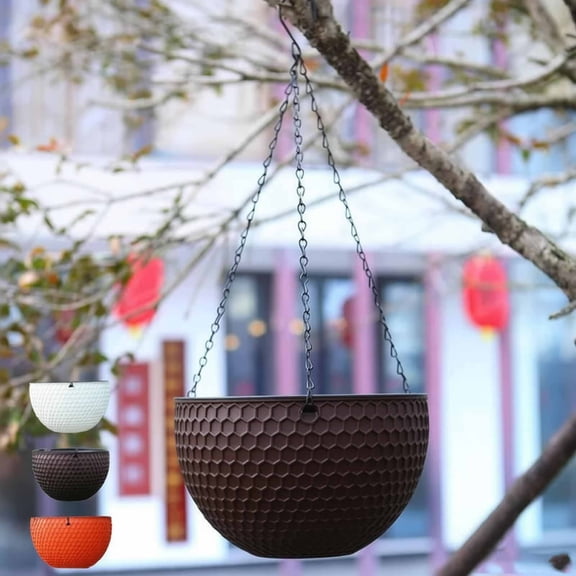 FEOLGEHLY Large Self Watering Hanging Planters Indoor Outdoor, Thickened Hanging Basket Flower Plant Pot with Water Level Indicator, Coffe