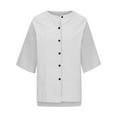 thumbnail image 5 of Brnmxoke 3/4 Length Sleeve Womens Tops 2024 Button Linen Shirts Casual Crewneck Summer Blouses Side Slit Loose Fit Plus Size Tshirts White,M, 5 of 6