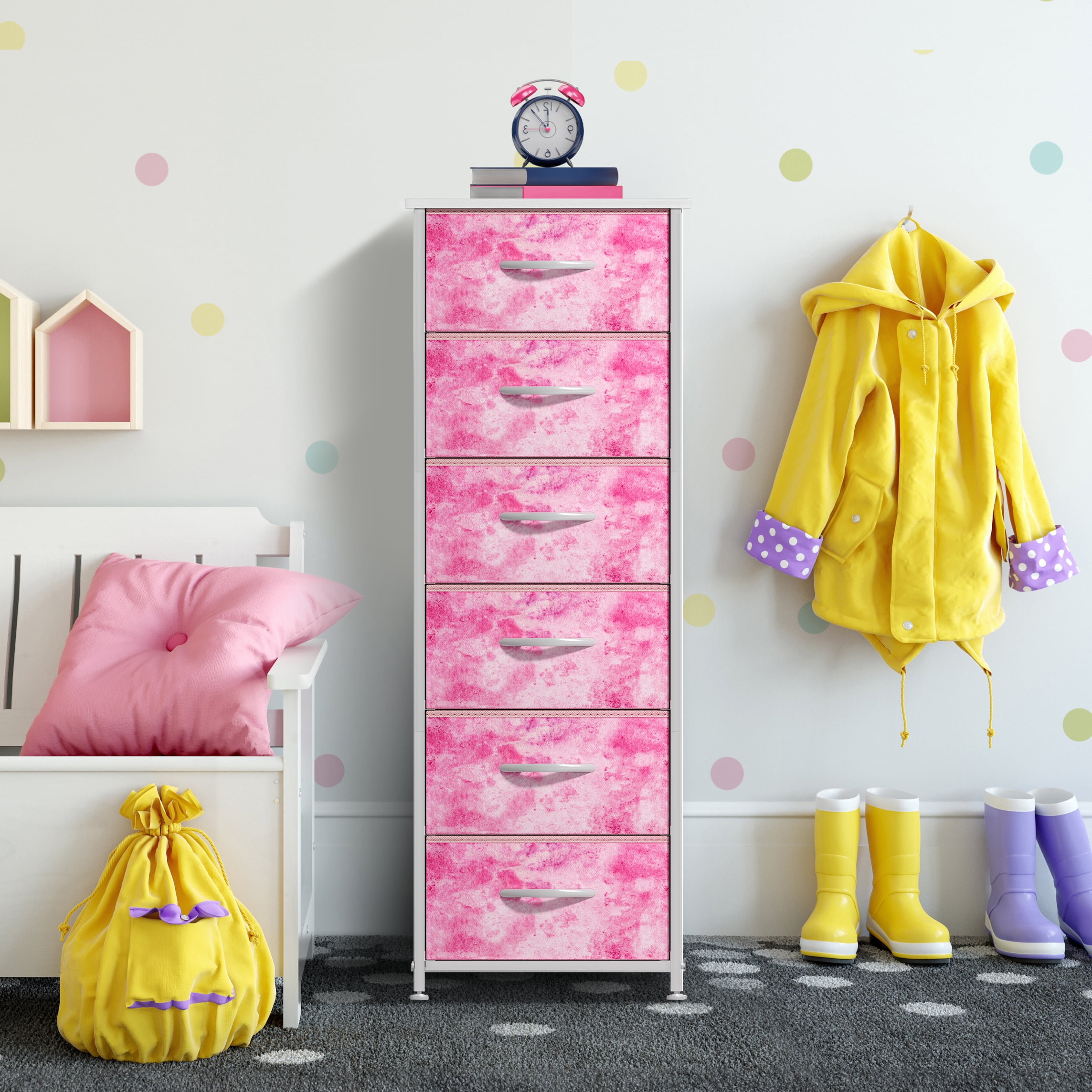 Sorbus 6-Drawer Dresser – Tie-Dye Pink Fabric Storage Tower for Kids Bedroom, Nursery, Closet