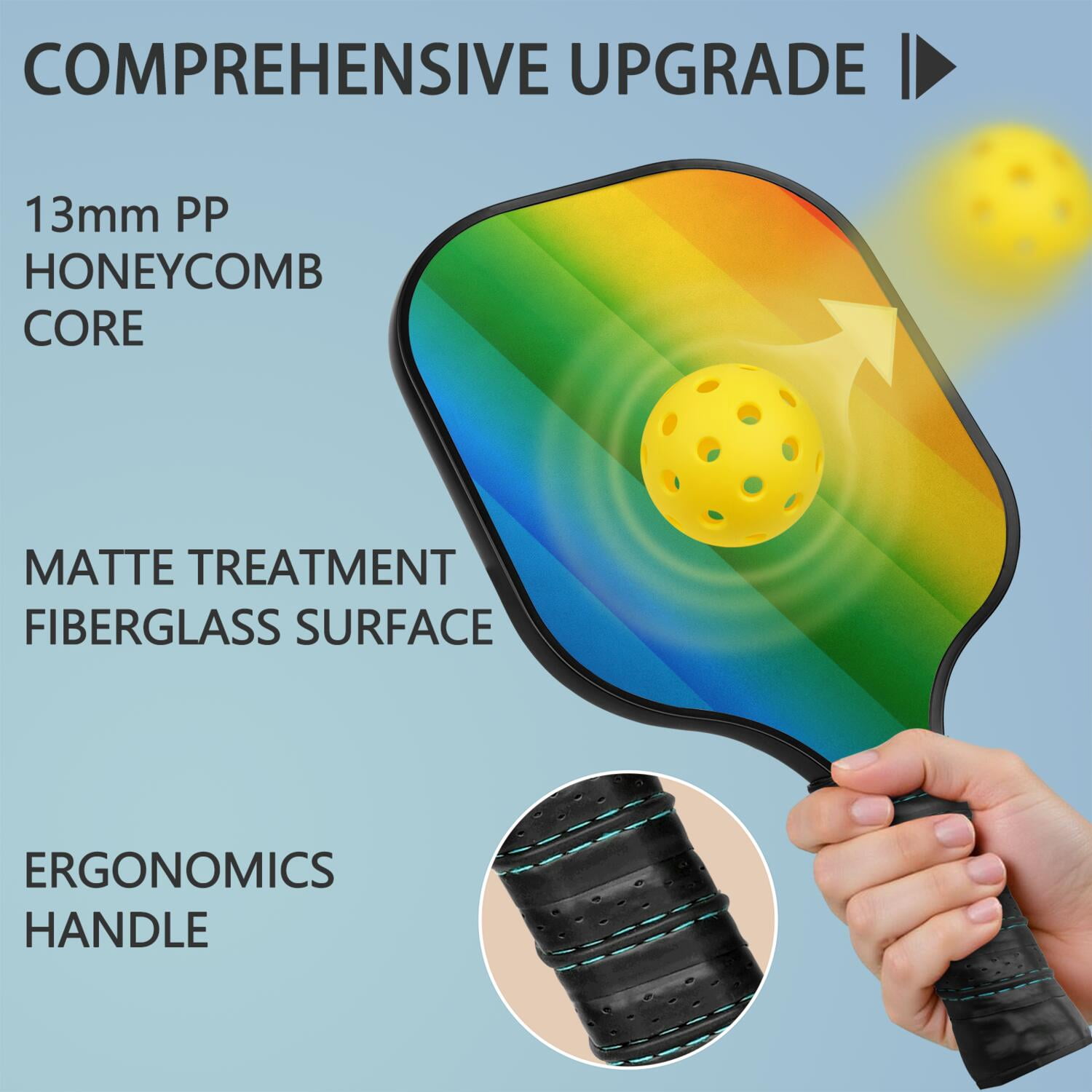 Pickleball Paddles Set Of 2, Fiberglass Surface, Vibrant Rainbow Print, 4 Balls & Bag