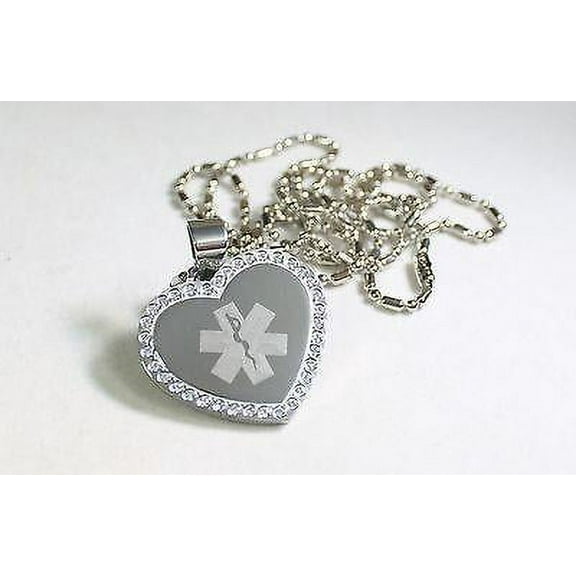 MEDICAL ALERT CZ BLING HEART SOLID STAINLESS STEEL TAG FREE ENGRAVE
