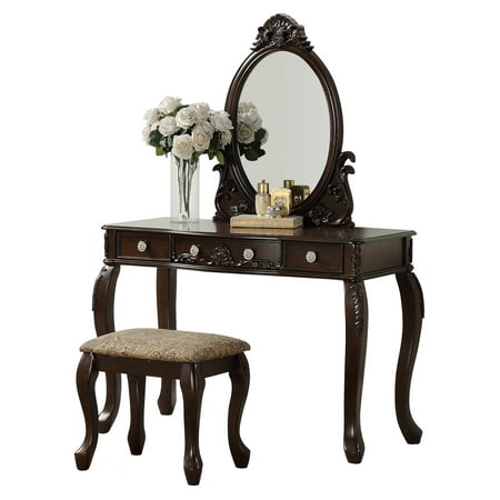 Espresso Finish Vanity - Bobkona Vanity table with stool set in Espresso