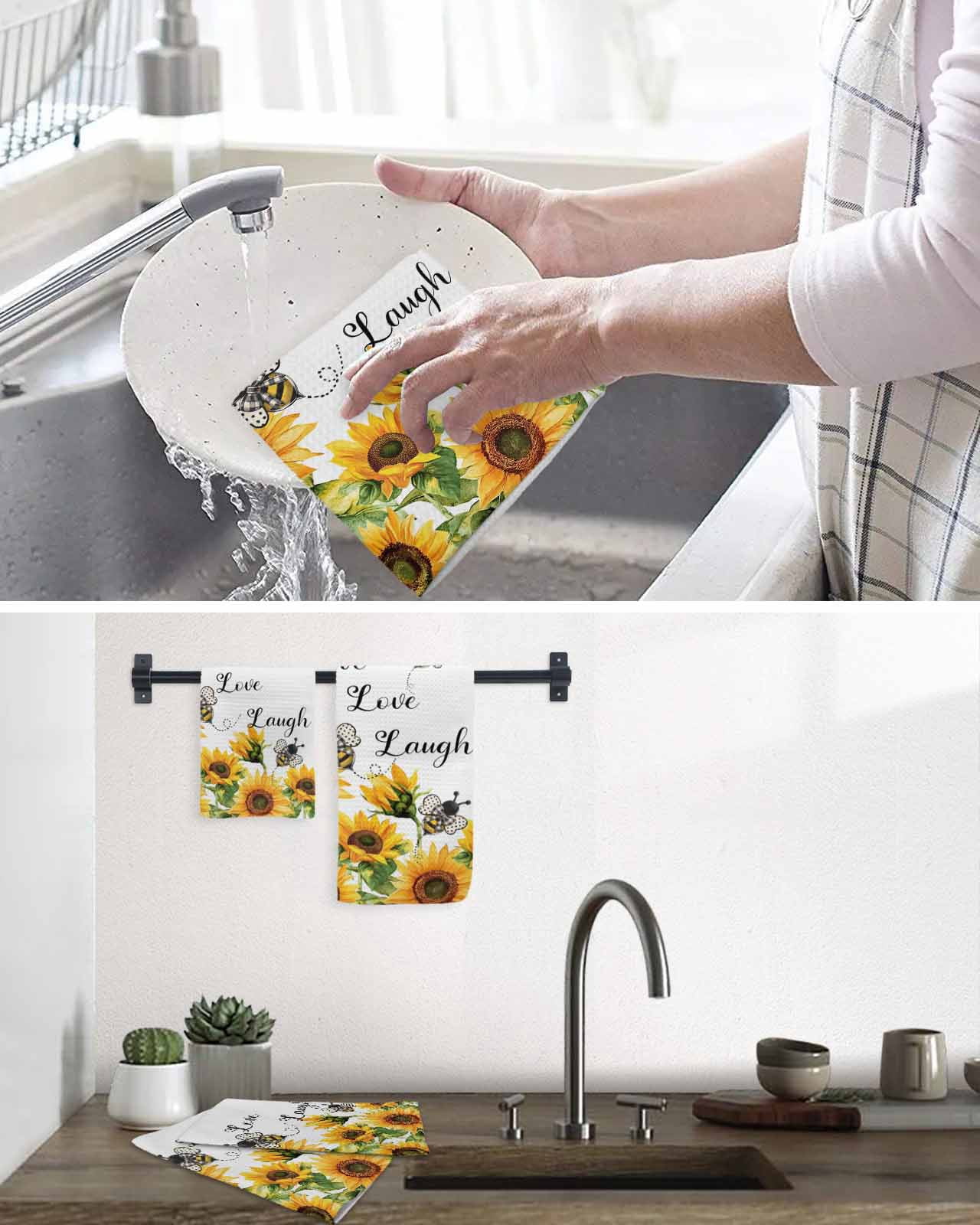 Sunflower Bee Kitchen Dish Towels for Drying Dishes Set of 3, Vintage Yellow Floral Farmhouse Watercolor Waffle Weave Microfiber Hand Tea Bathroom Towels Quick Dry & Absorbent Towel 12x12