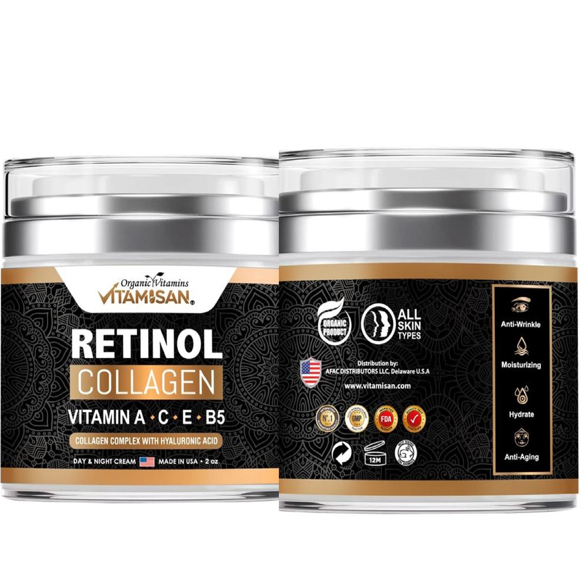 Vitamisan Retinol Collagen Cream with Hyaluronic Acid, Vitamin A C E B5 – Anti Aging Face Moisturizer, Hydrating Day & Night Cream for All Skin Types – 2 oz