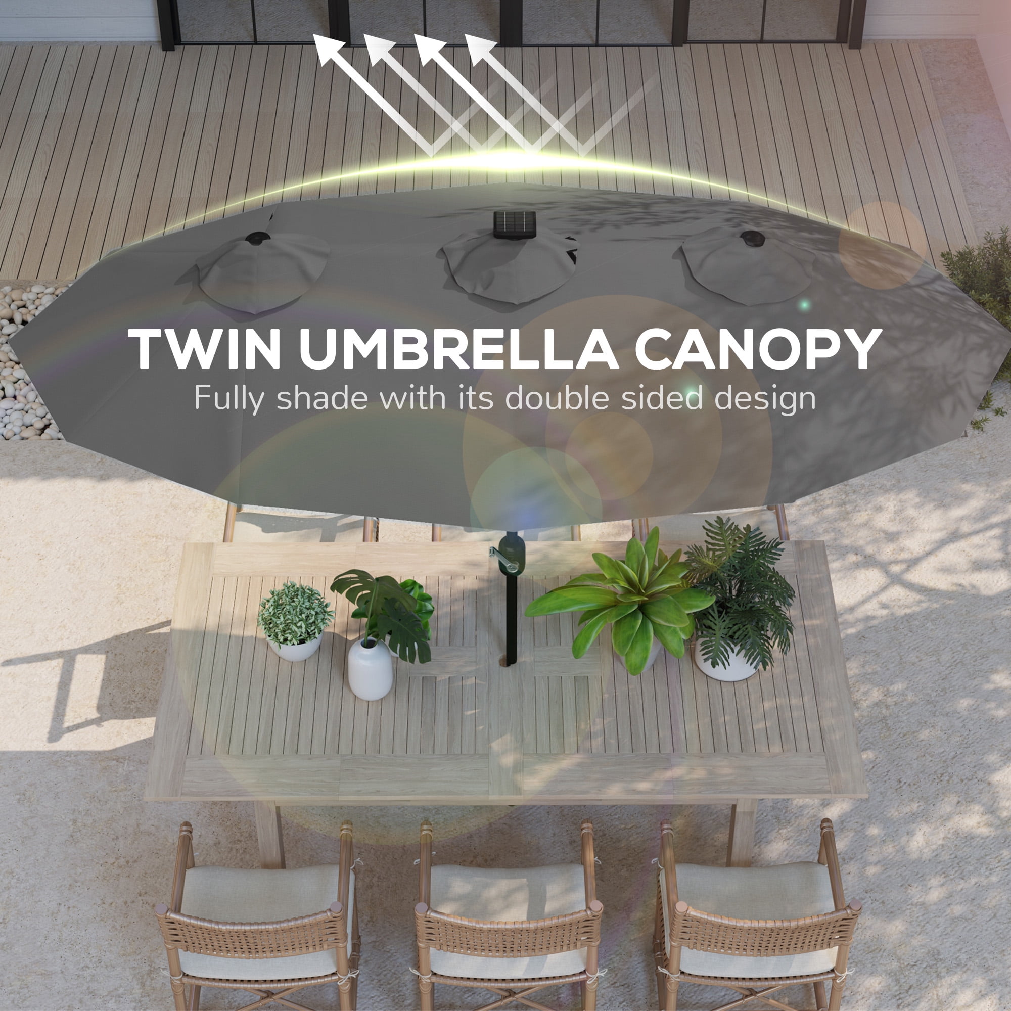 Outsunny 9.7' Double-sided Patio Umbrella with LED Solar Light, Tilt and Crank, Outdoor Umbrella, Gray