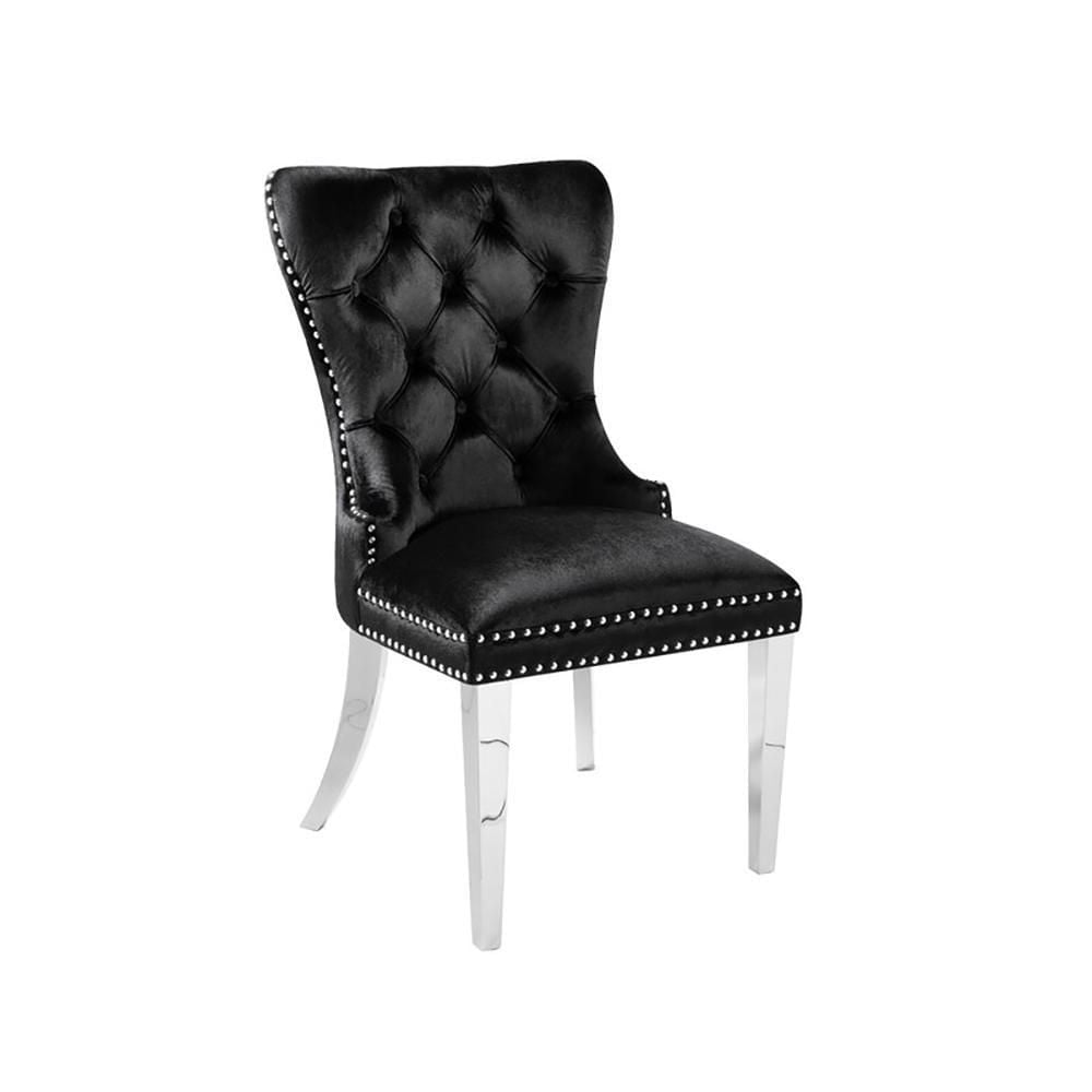 Chaise de salle à manger rembourrée capitonnée avec pieds en acier inoxydable poli et garniture à double tête de clou