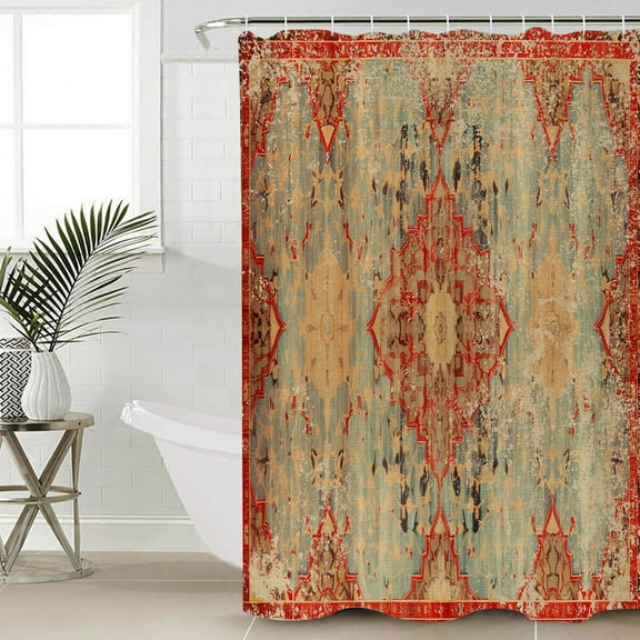 Red Blue Boho Waterproof Fabric Shower Curtain, Ehtnic Abstract Art Modern Geometric Shower Curtain for Bathroom Curtains Bathtubs Hotel Washable Shower Curtains with 12 Hooks Standard 66x72