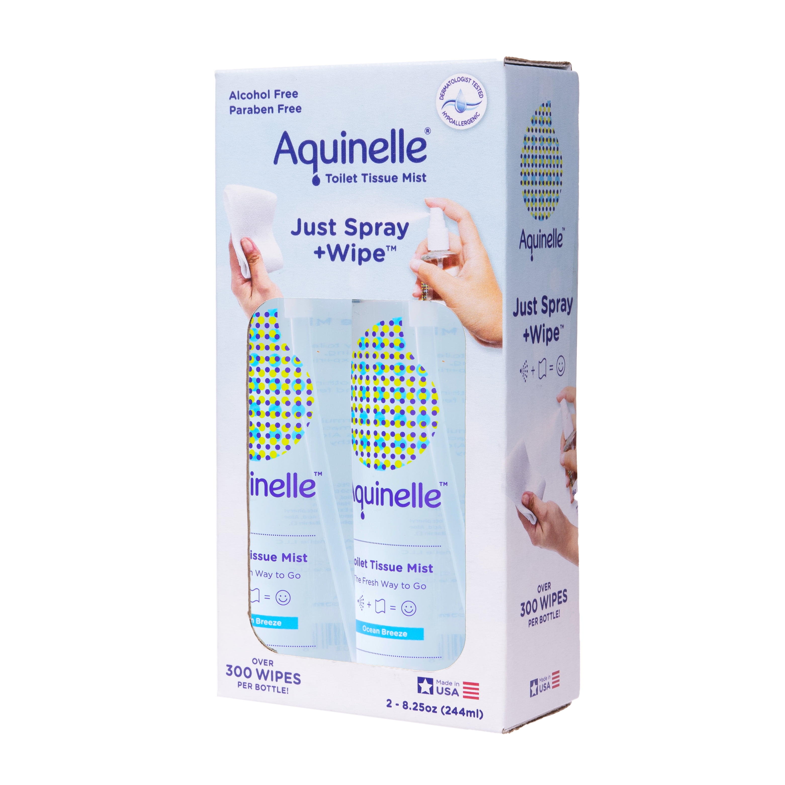 Aquinelle Toilet Tissue Mist, Eco-Friendly & Non-Clogging Alternative to Flushable Wipes Simply Spray On Any Folded Toilet Paper 2PK OCEAN BREEZE 8.25OZ