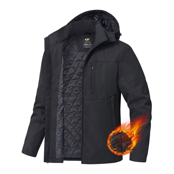 NEIKU Men's Winter Coat Hooded Work Jacket, Warm Quilted Cotton Lined Outdoor Heavy Duty Outerwear Coat Black L