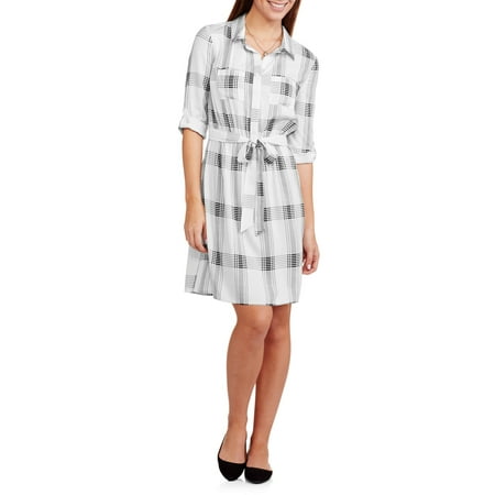 Faded Glory - Women's 3/4 Sleeve Belted Shirt Dress - Walmart.com