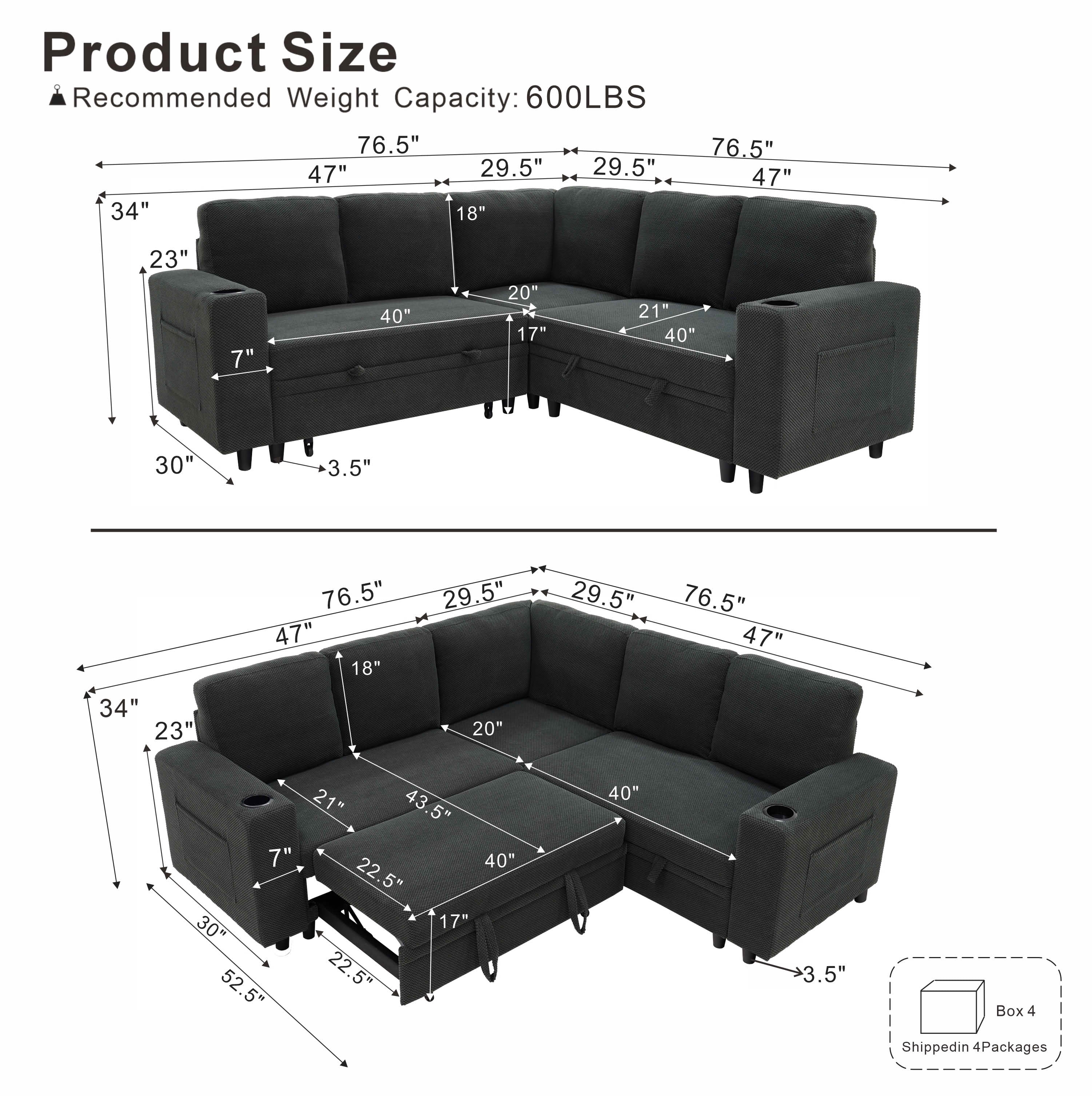 MAYEERTY 76.5 Inch L‑Shape Convertible Sectional Sofa Bed, Nubby Fabric Corner Couch with Pull‑Out Sleeper, Storage, Cup Holders and Side Pockets