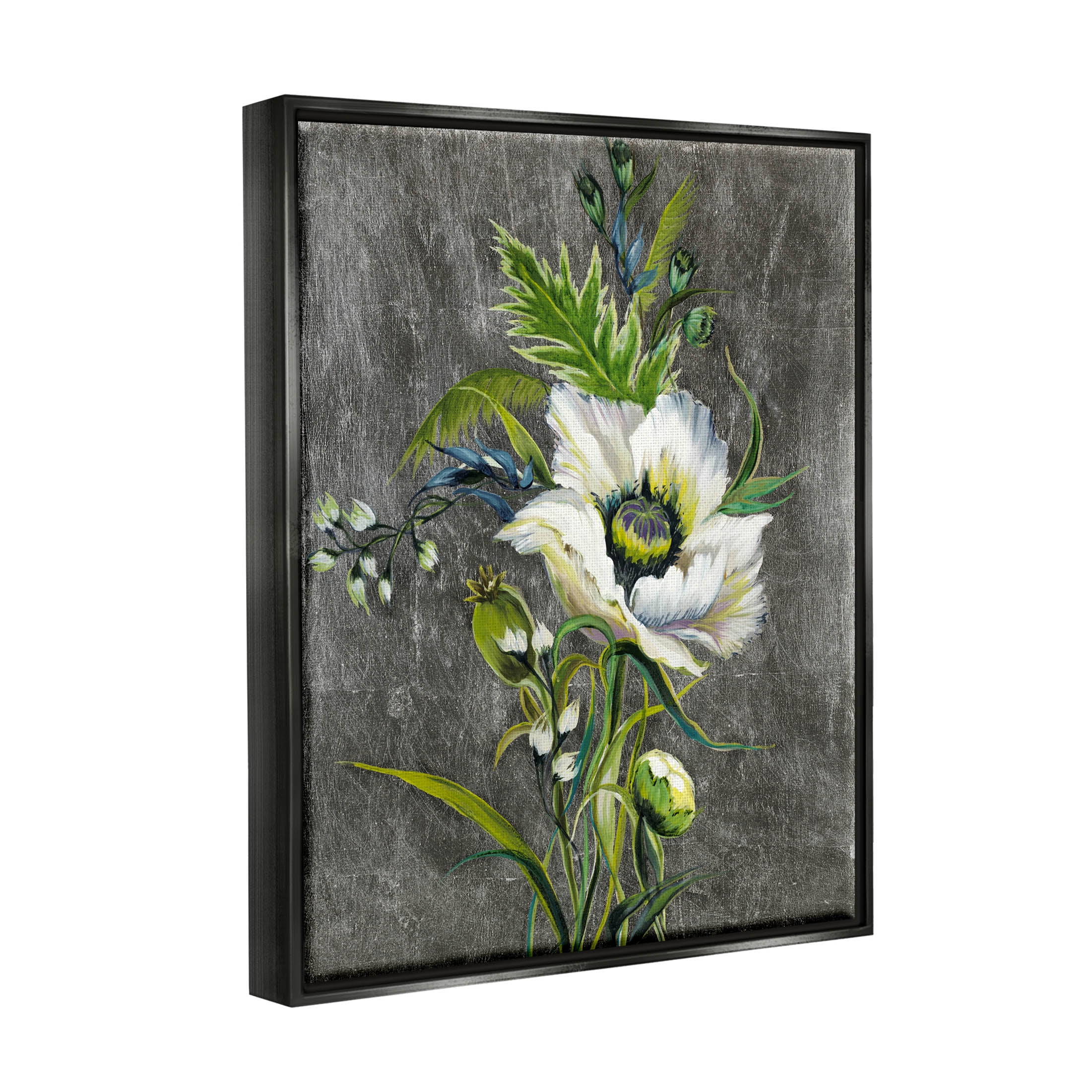 Stupell Industries Detailed Flower Buds Bloom Graphic Art Jet Black Floating Framed Canvas Print Wall Art, Design by Liz Jardine