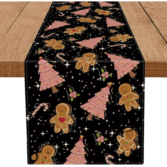 GAGEC Gingerbread Christmas Decorations Black Table Runner Pink Tree Glitter Xmas Winter Candy Cane Holiday Kitchen Dining Merry Christmas Table Decor 13x108 Inch